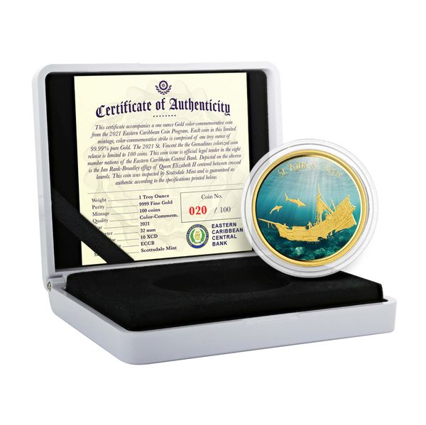 2021 Ec8 St Kitts & Nevis 1 Oz Gold Color Coin Sunken Ship