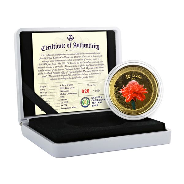 2021 EC8 St Lucia 1 oz Gold Color Coin Legal Tender Flower