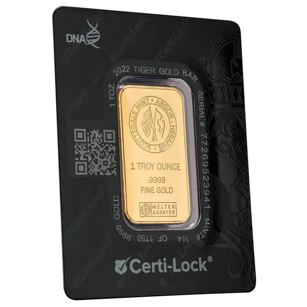 2022 Lunar Tiger 1 oz Gold Bar Certilock Scottsdale Mint
