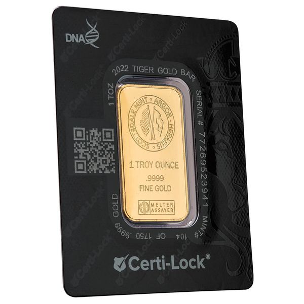 2022 Lunar Tiger 1 oz Gold Bar Certilock Scottsdale Mint