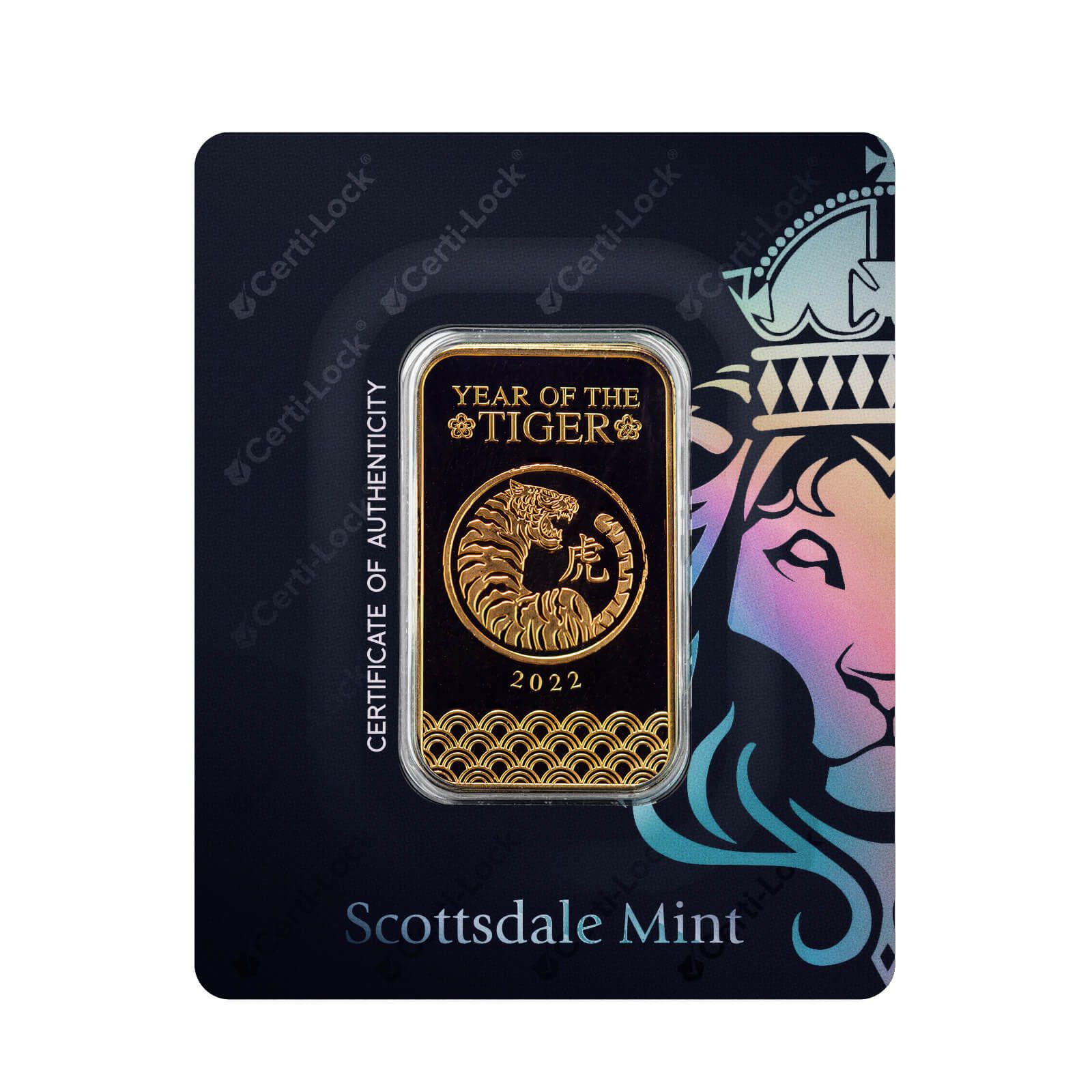2022 Lunar Year of the Tiger 1 oz Gold Bar Certilock Scottsdale Mint 08