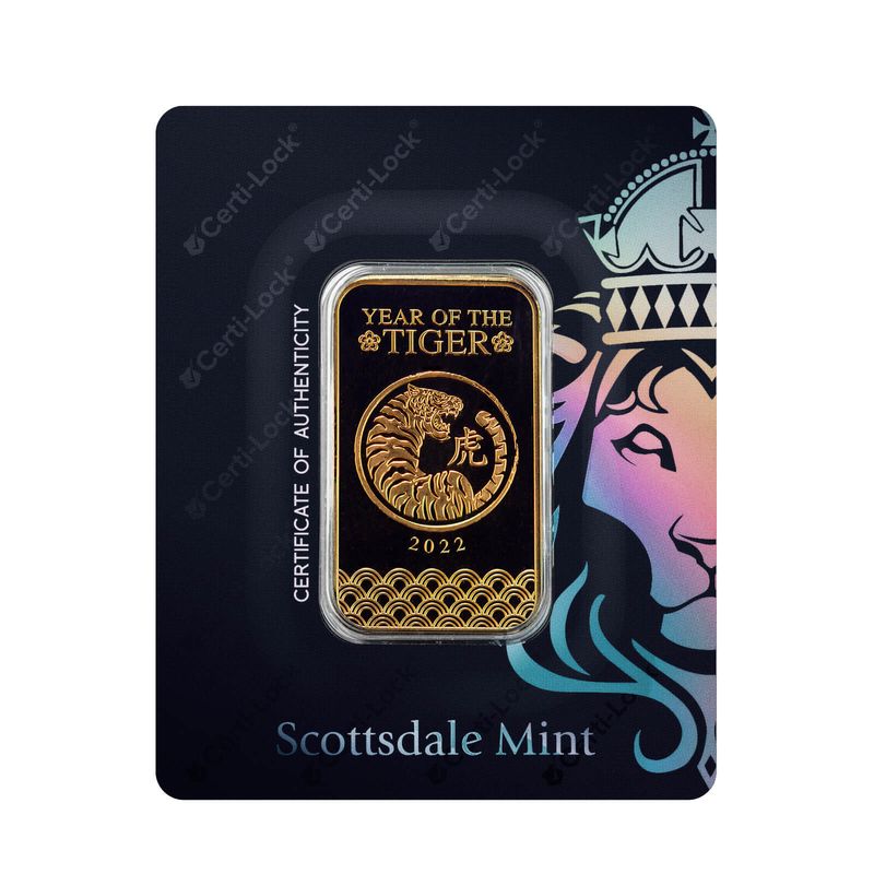 2022 Lunar Year of the Tiger 1 oz Gold Bar Certilock Scottsdale Mint 08