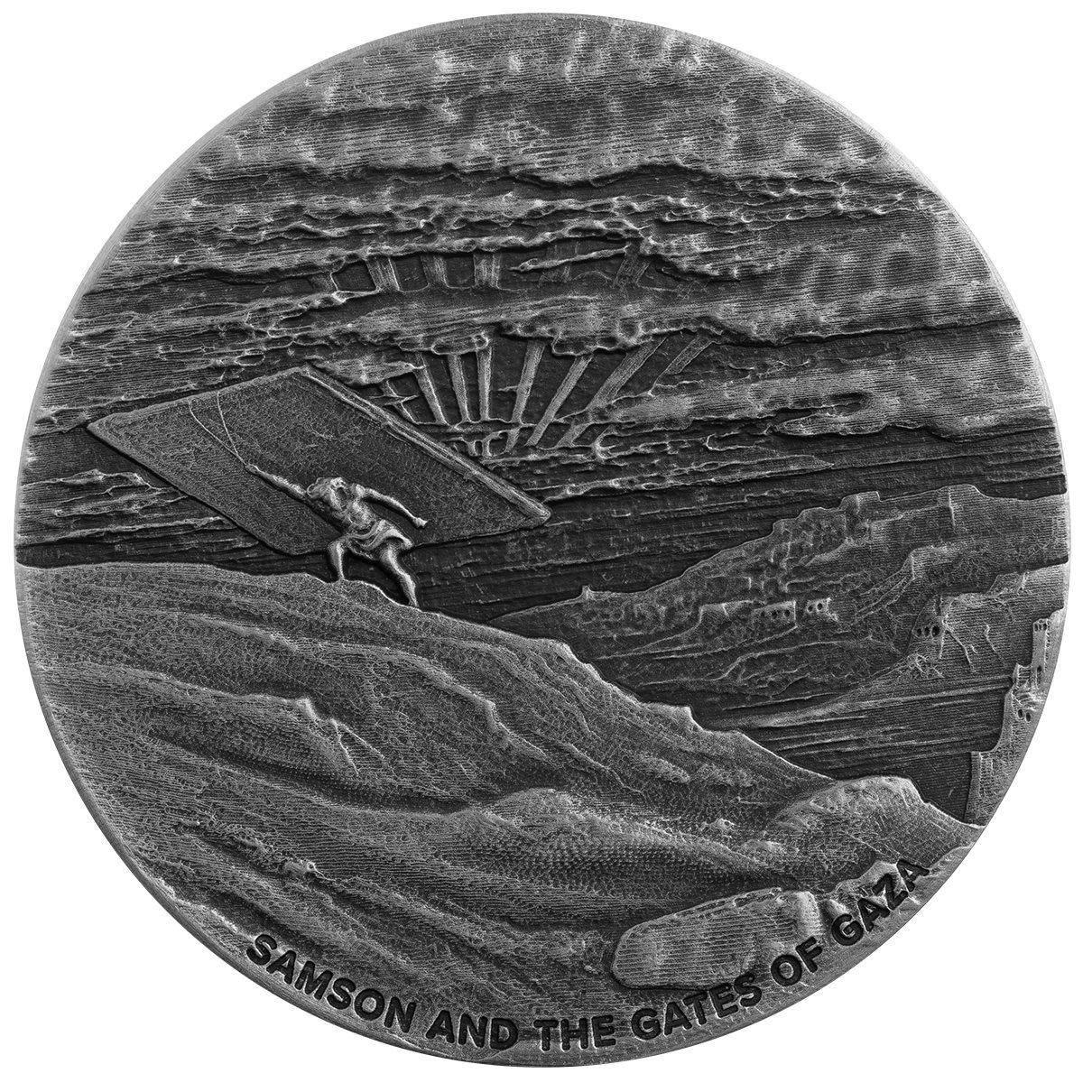 2022 Biblical Series Samson And The Gates Of Gaza 2 Oz Antique Silver Coin Scottsdale Mint 07