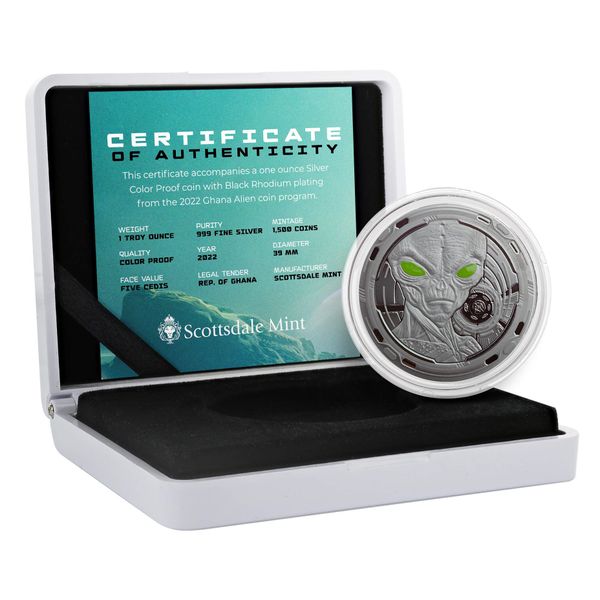 2022 Scottsdale Mint Ghana Alien 1 Oz Silver Plated In Black Rhodium With Color Coin 02