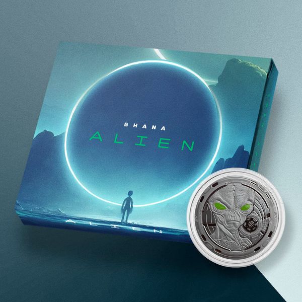 2022 Scottsdale Mint Ghana Alien 1 Oz Silver Plated In Black Rhodium With Color Coin 04