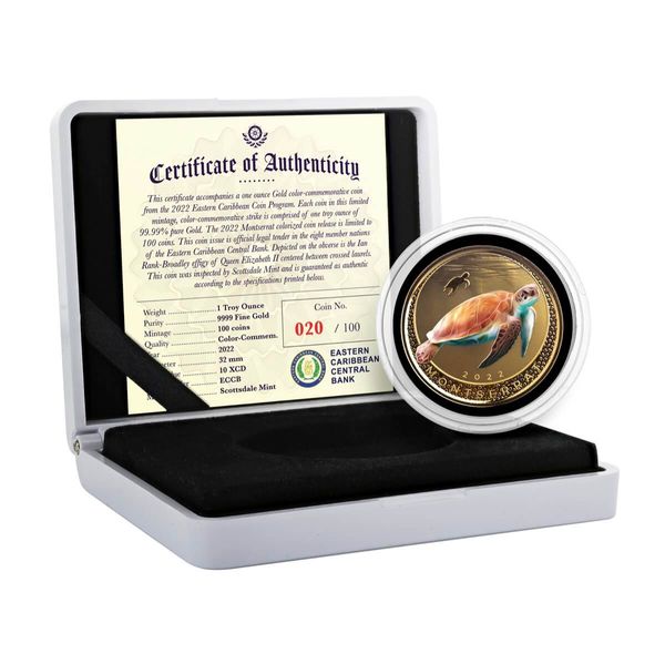 2022 Eastern Caribbean 8 Scottsdale Mint Montserrat Sea Turtle 1 Oz Gold Proof With Color Coin 07