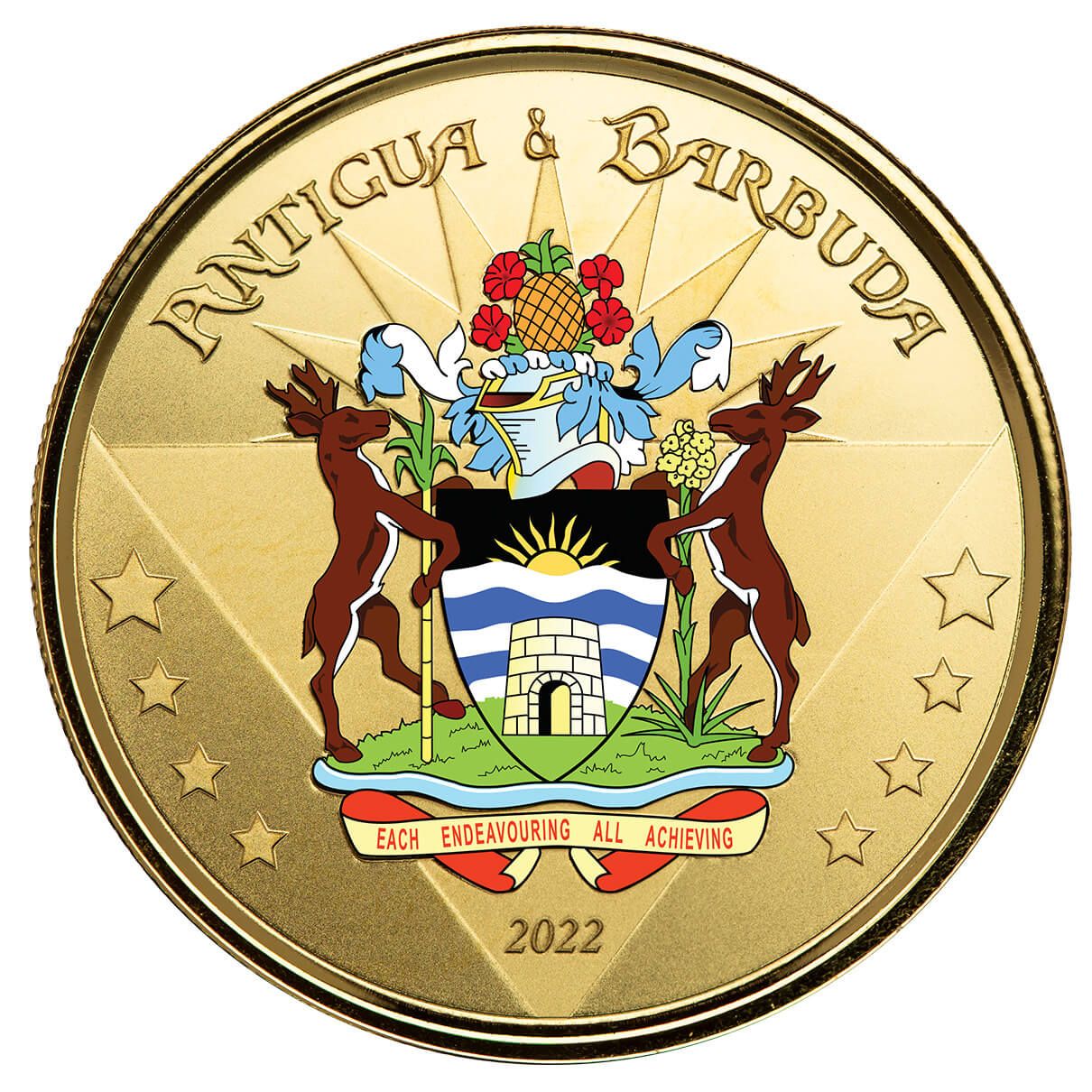 2022 Scottsdale Mint Ec8 Antigua And Barbuda Coat Of Arms 1 Oz Gold Proof Color Coin 02