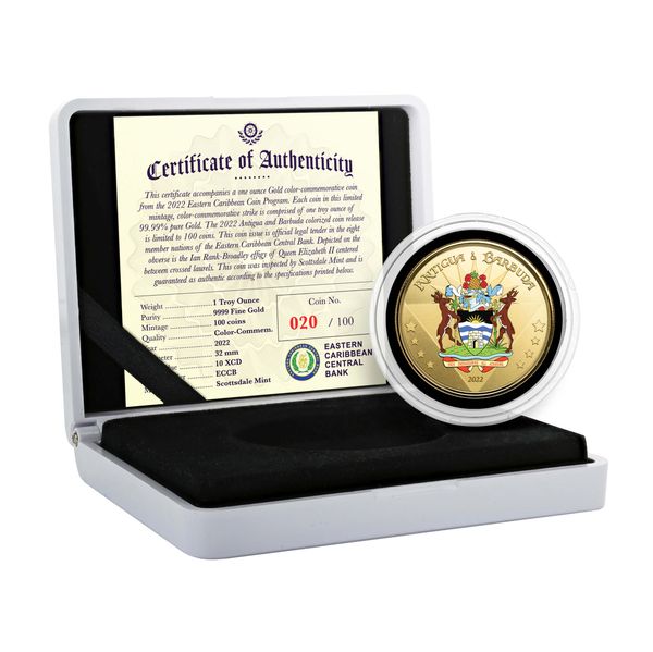 2022 Scottsdale Mint Ec8 Antigua And Barbuda Coat Of Arms 1 Oz Gold Proof Color Coin 05