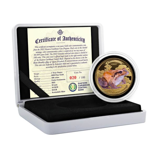 2022 Scottsdale Mint Ec8 Dominica Mountain Chicken 1 Oz Gold Proof Color Commemorative Coin 04