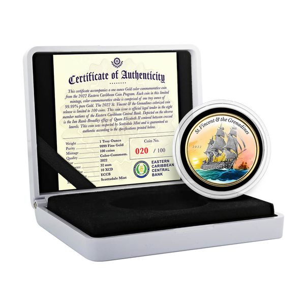 2022 Scottsdale Mint Ec8 Saint Vincent & The Grenadines Battle Of Cape St Vincent 1 Oz Gold Proof Color Commemorative Coin 01