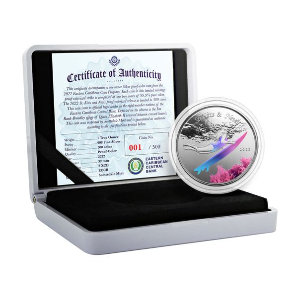 2022 Scottsdale Mint Ec8 St Kitts And Nevis Underwater Surfer 1 Oz Silver Proof Color Coin 03