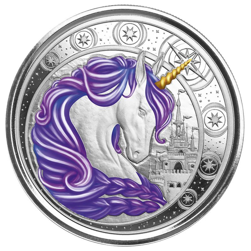 2023 Ghana Unicorn Aurora 1 Troy Oz 999 Fine Silver Purple Color Proof Coin Scottsdale Mint 01