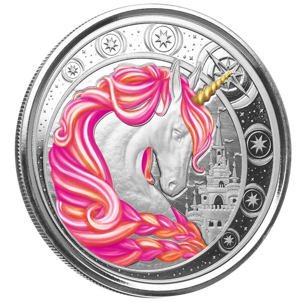 2023 Ghana Unicorn Jubilee 1 Troy Oz 999 Fine Silver Pink Color Proof Coin Scottsdale Mint 02