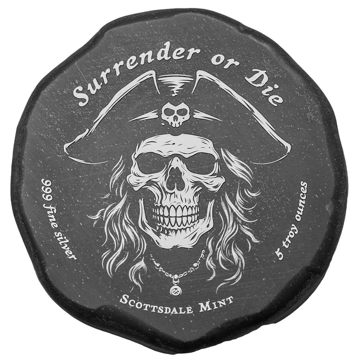 2023 Scottsdale Mint 5 Troy oz 999 Silver Pirate Skull Surrender or Die Black Antique Finish Button 02