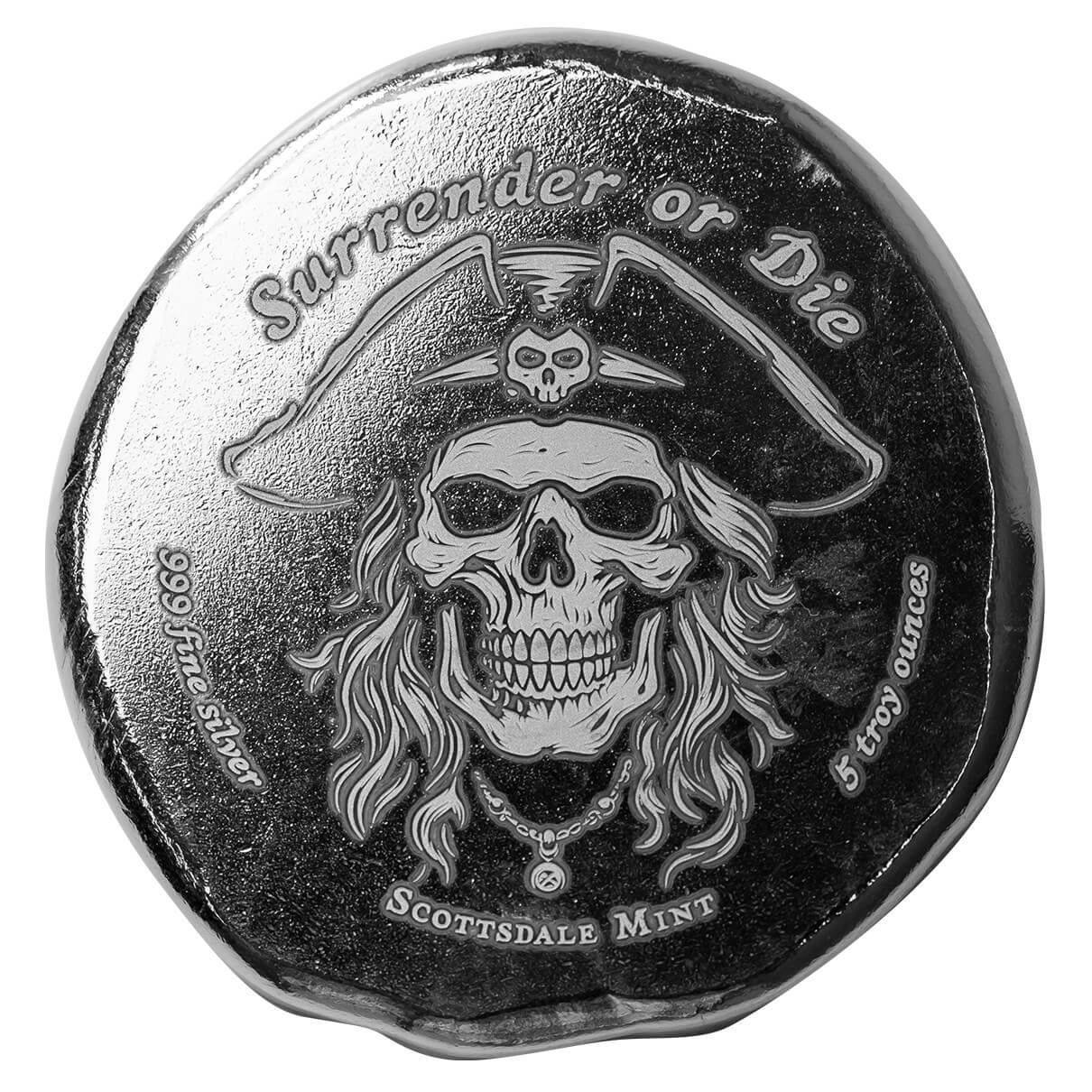 2023 Scottsdale Mint 5 Troy Oz 999 Silver Pirate Skull Surrender Or Die Button 01