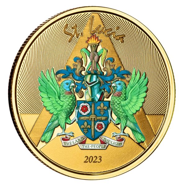 2023 Ec8 St Lucia Coat Of Arms 1 Troy Ounce 9999 Fine Gold Color Proof Coin 03