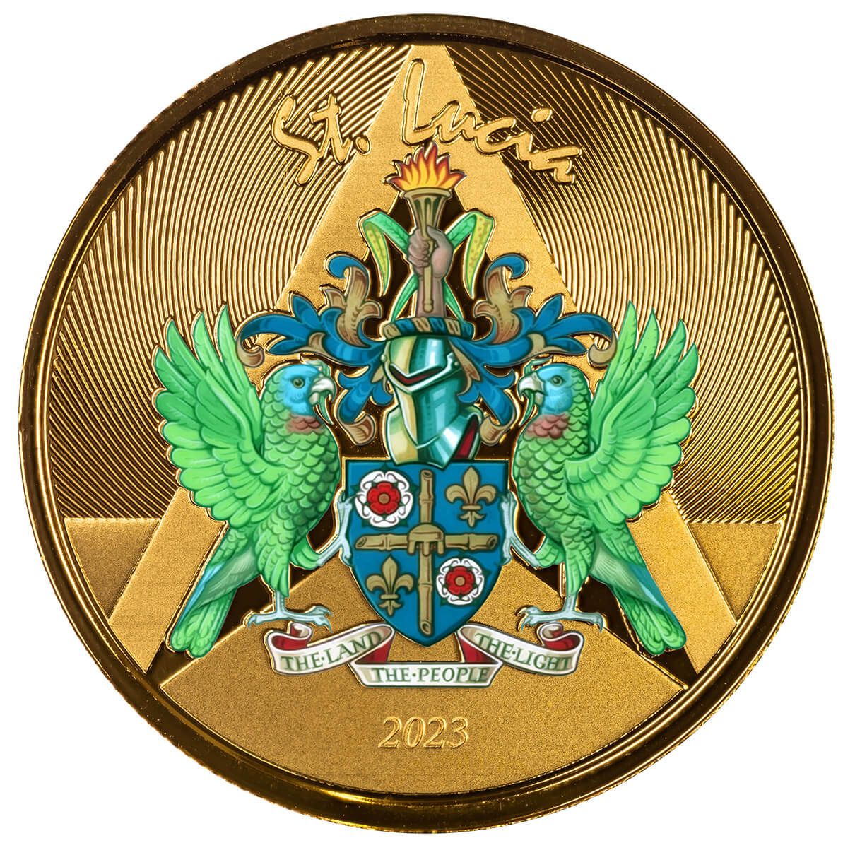 2023 Ec8 St Lucia Coat Of Arms 1 Troy Ounce 9999 Fine Gold Color Proof Coin 04