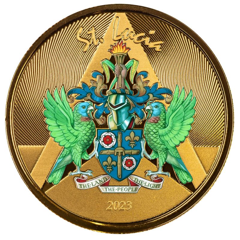 2023 Ec8 St Lucia Coat Of Arms 1 Troy Ounce 9999 Fine Gold Color Proof Coin 04