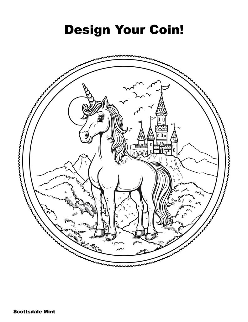 2024 Scottsdale Mint Kids Coin Design Coloring Pages for Precious Metals Gold Silver Unicorn 02