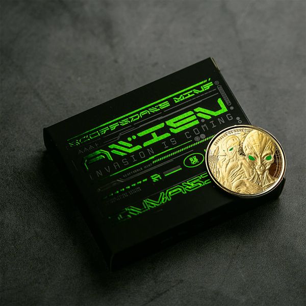 2023 Scottsdale Mint Ghana Alien Proof Color Box Front With Gold Coin