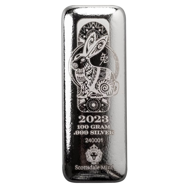 2023 Scottsdale Mint Lunar Year Of The Rabbit 100 Gram 999 Fine Silver Cast Bar 01