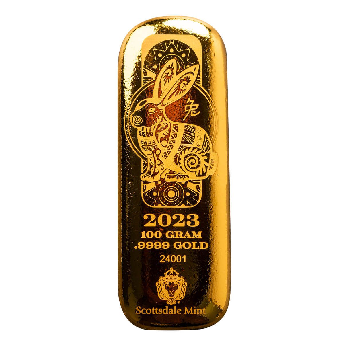 2023 Scottsdale Mint Lunar Year Of The Rabbit 100 Gram 9999 Fine Gold Cast Bar 01