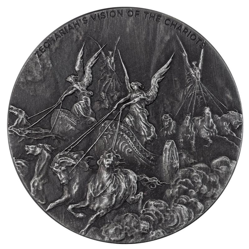 2023 Scottsdale Mint Niue Biblical Series Zechariahs Vision Of The Chariots 2 Troy Ounce 999 Fine Silver Antiqued Coin 04