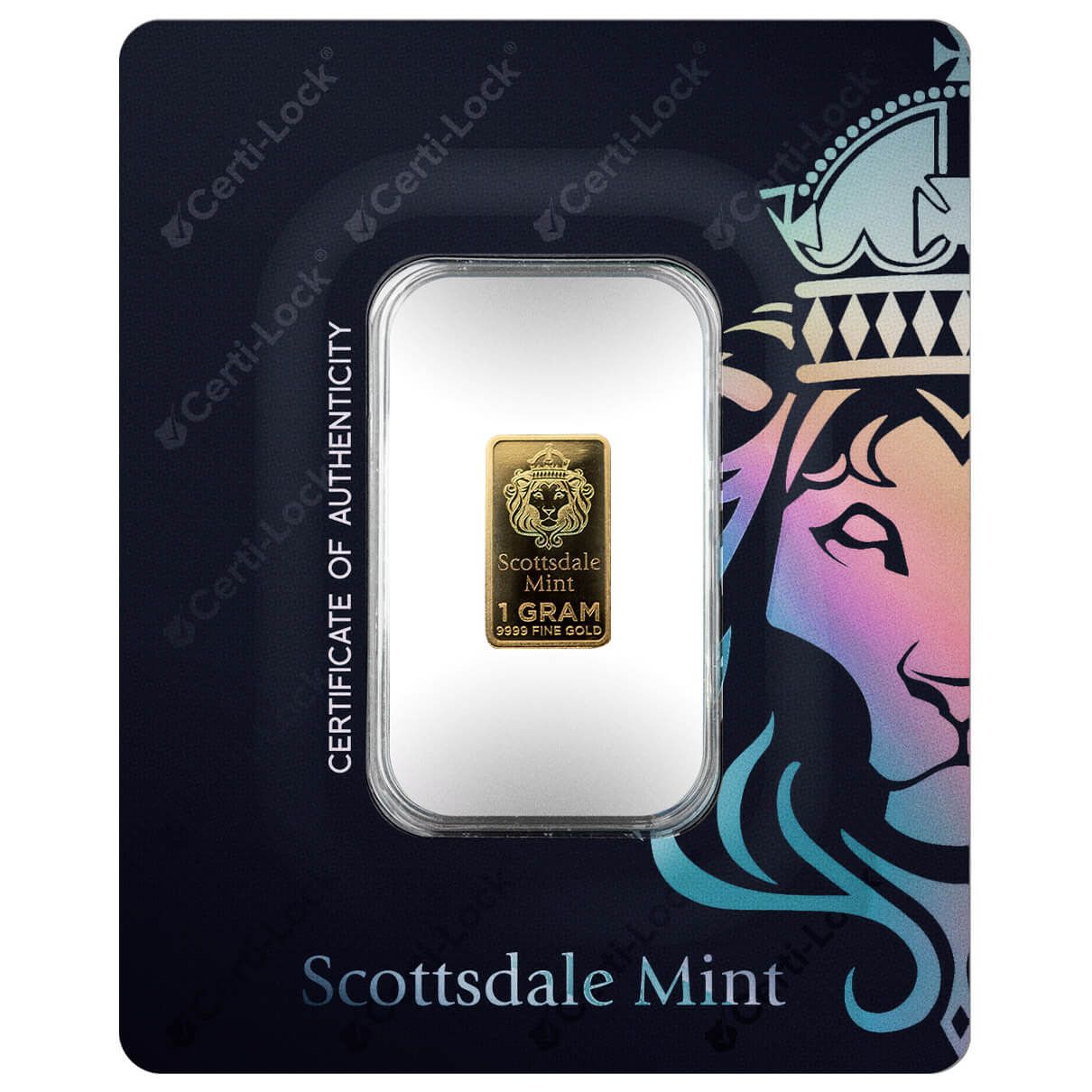 1 Gram 9999 Fine Gold Bar Scottsdale Mint in Certilock Type 2 01
