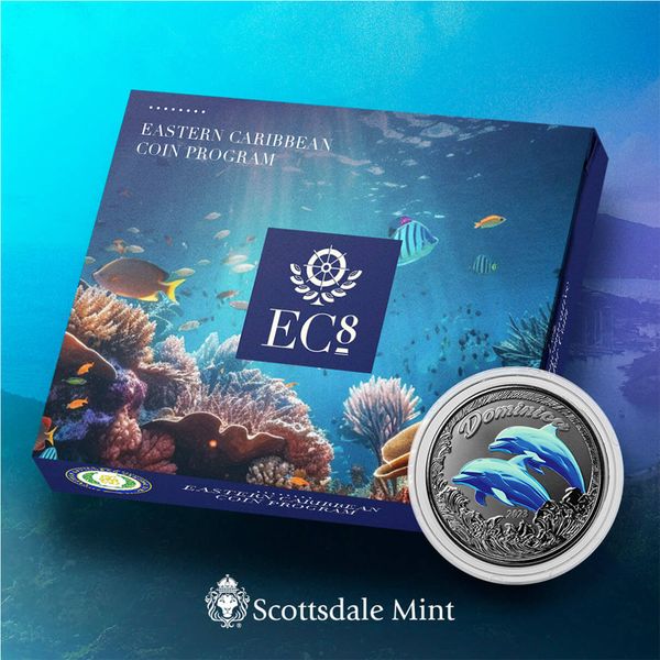 2023 Ec8 Scottsdale Mint Dominica Dolphins 1 Troy Ounce 999 Fine Silver Color Proof Coin 04