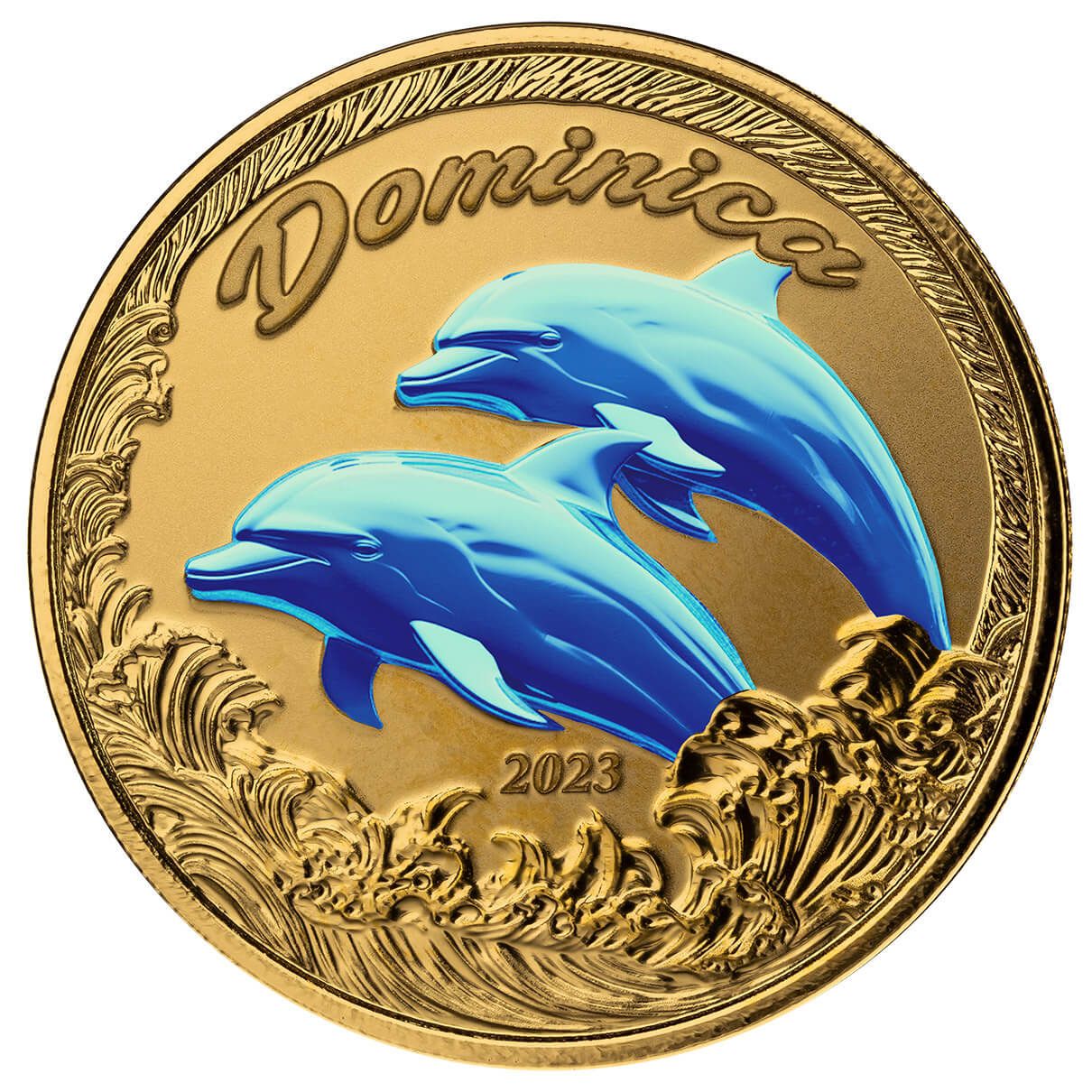 2023 Ec8 Scottsdale Mint Dominica Dolphins 1 Troy Ounce 9999 Fine Gold Color Proof Coin 02