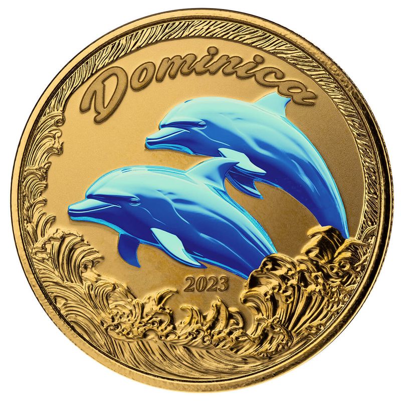 2023 Ec8 Scottsdale Mint Dominica Dolphins 1 Troy Ounce 9999 Fine Gold Color Proof Coin 02