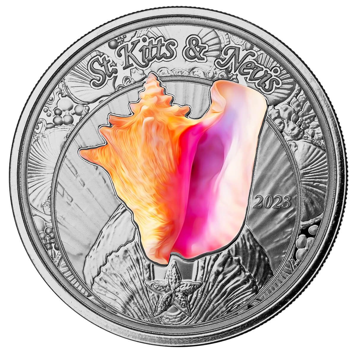 2023 Ec8 Scottsdale Mint St Kitts And Nevis Conch Shell 1 Troy Ounce 999 Fine Silver Color Proof Coin 01