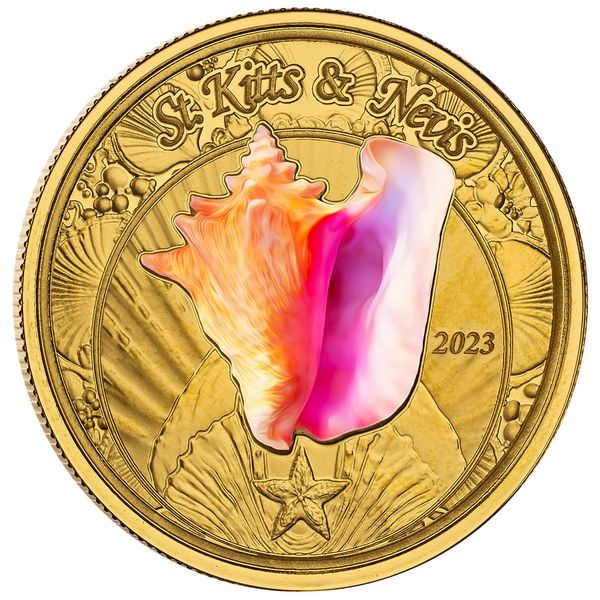 2023 Ec8 Scottsdale Mint St Kitts And Nevis Conch Shell 1 Troy Ounce 9999 Fine Gold Color Proof Coin 01