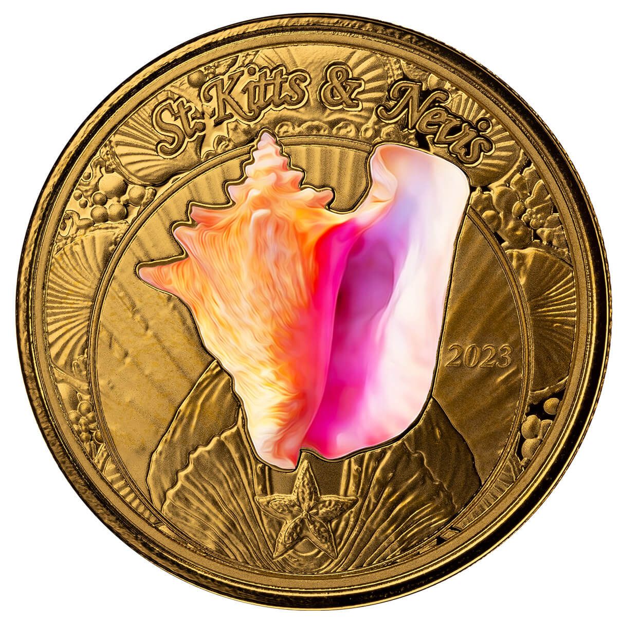 2023 Ec8 Scottsdale Mint St Kitts And Nevis Conch Shell 1 Troy Ounce 9999 Fine Gold Color Proof Coin 02