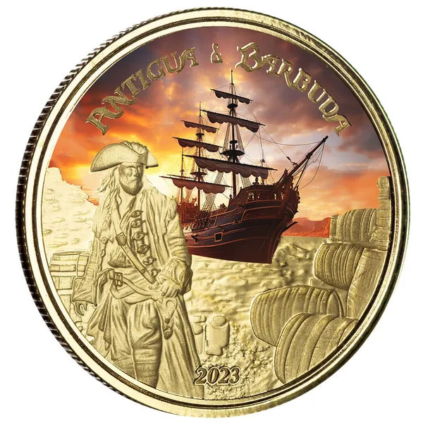 2023 Scottsdale Mint Ec8 Antigua & Barbuda Rumrunner Pirate 1 Troy Ounce 9999 Fine Gold Color Proof Coin 05