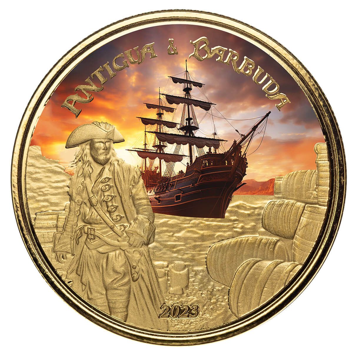 2023 Scottsdale Mint Ec8 Antigua & Barbuda Rumrunner Pirate 1 Troy Ounce 9999 Fine Gold Color Proof Coin 06