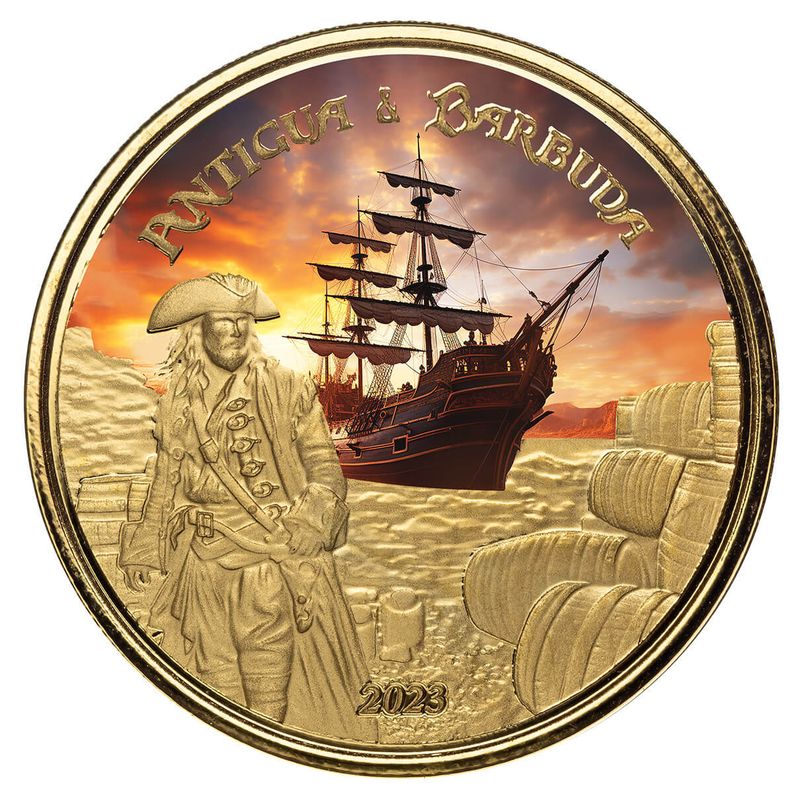 2023 Scottsdale Mint Ec8 Antigua & Barbuda Rumrunner Pirate 1 Troy Ounce 9999 Fine Gold Color Proof Coin 06