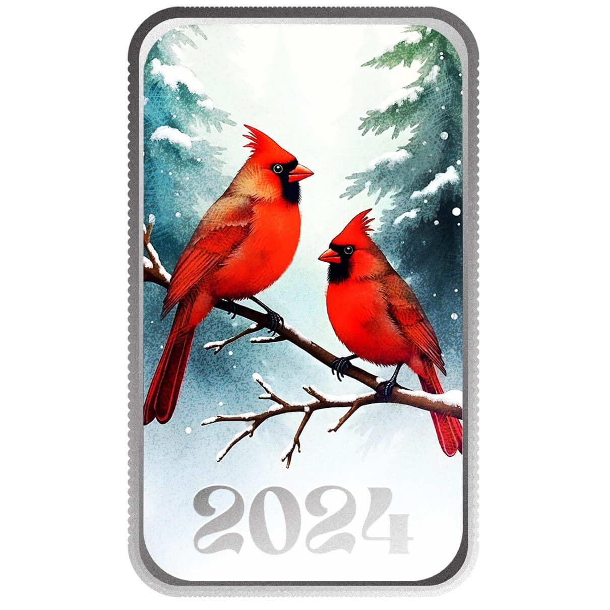 2024 Scottsdale Mint Christmas Bar Winter Cardinals 1 Troy Ounce 999 Fine Silver Bar Render