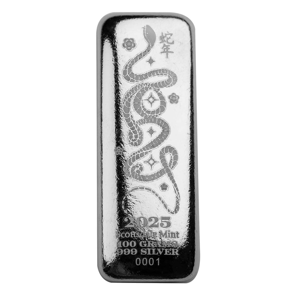 2025 Scottsdale Mint Lunar Year Of The Snake 100 Gram Silver Bar 01