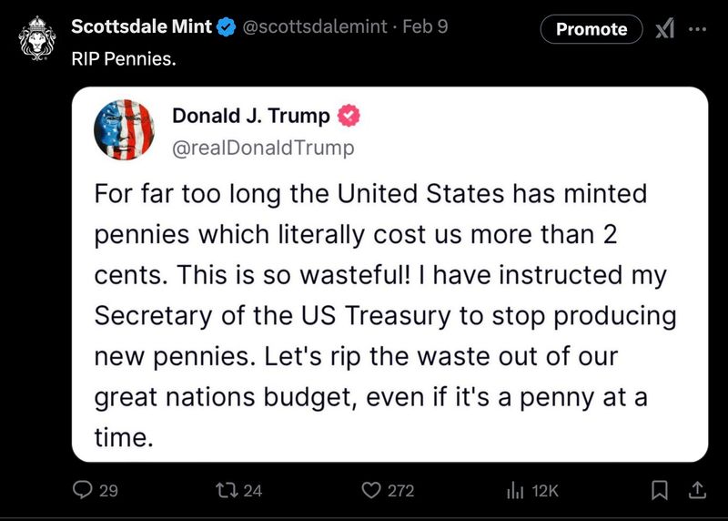 Trump Admin Truth Post On Ending Penny Scottsdale Mint Rip Pennies
