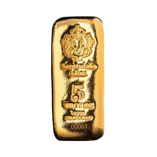 2025 Scottsdale Mint Lion 5 Troy Ounce Gold Cast Bar 01
